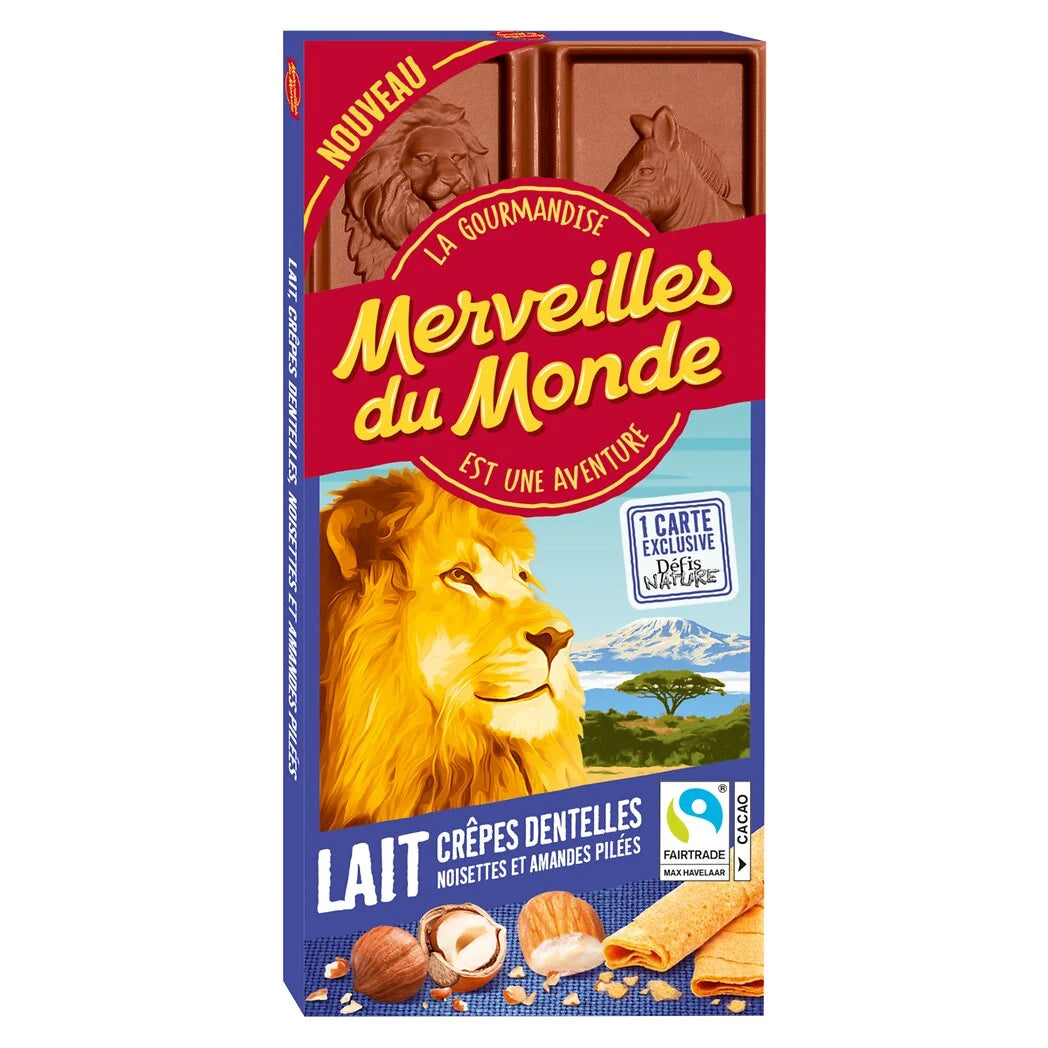 MERVEILLES DU MONDE Tablette de chocolat au lait crêpes dentelles, noisettes et amandes pilées 100g