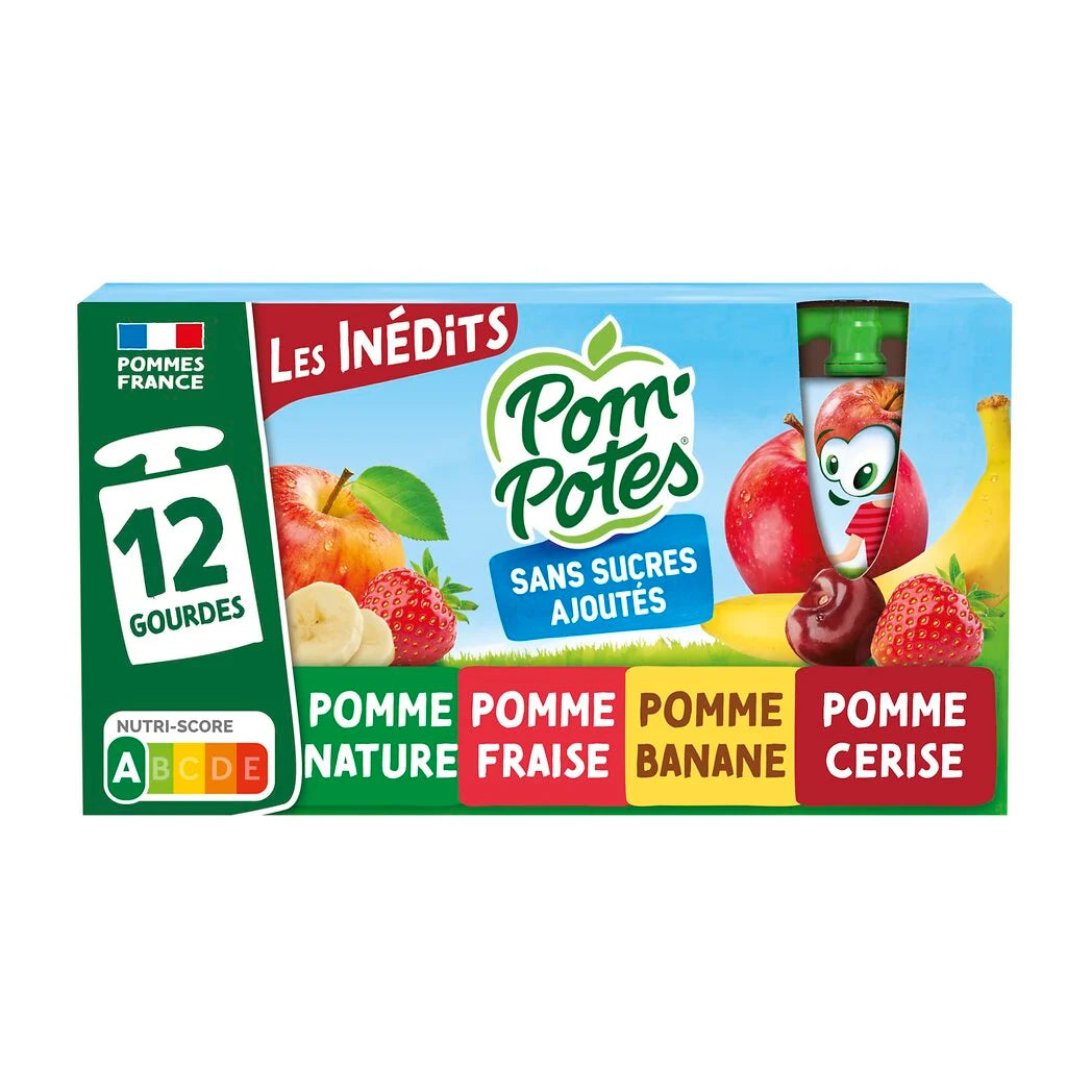 POM'POTES Compotes multivariétés pomme, pomme cerise, pomme fraise, pomme banane - les Inédits 12x90g