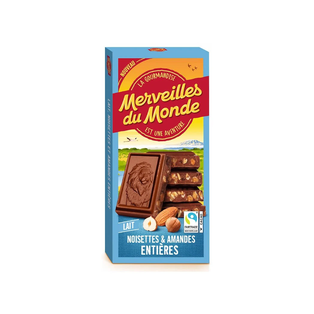 MERVEILLES DU MONDE Tablette chocolat au lait avec noisettes et amandes entières 170g