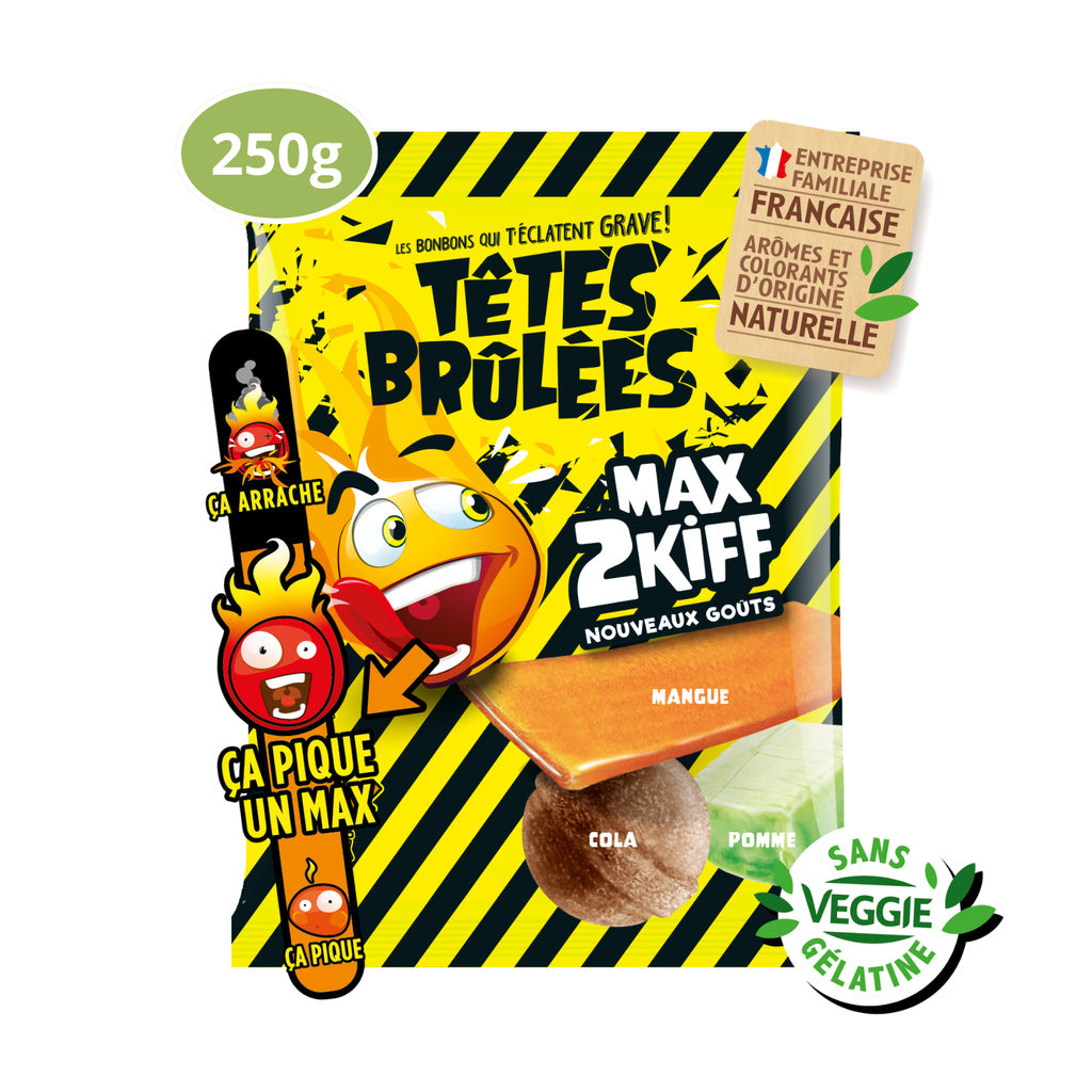 TÊTES BRÛLÉES Max2Kiff - Bonbons acidulés cola mangue pomme 250g