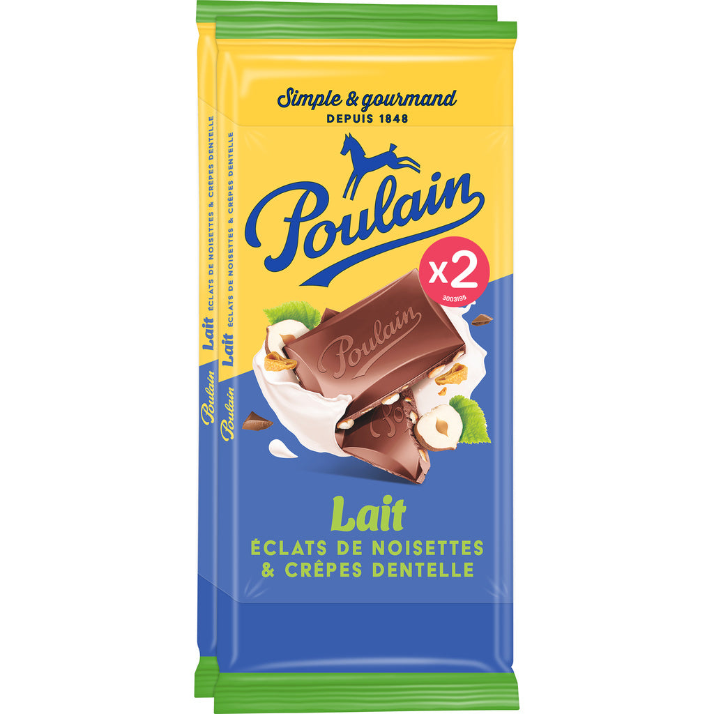 POULAIN Milk Chocolate Bar with Hazelnut Pieces & Crêpes Dentelle 2 x 95g