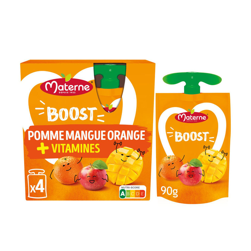 MATERNE Compotes Boost pomme mangue orange + multivitaminés 4x90g