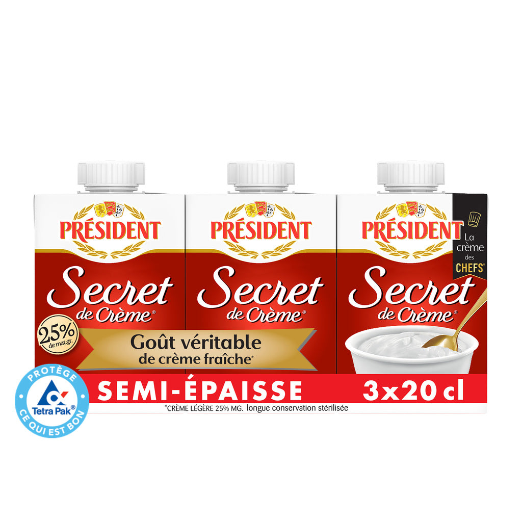 PRESIDENT Crème UHT semi-épaisse Secret de Crème 25% MG 3x200ml