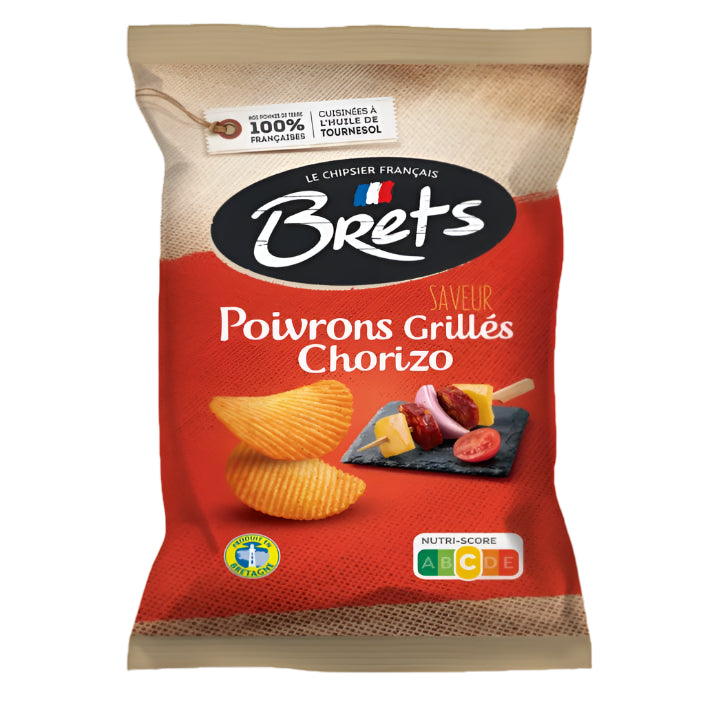 Bags of Bret's chips with grilled peppers and chorizo flavor on a white background