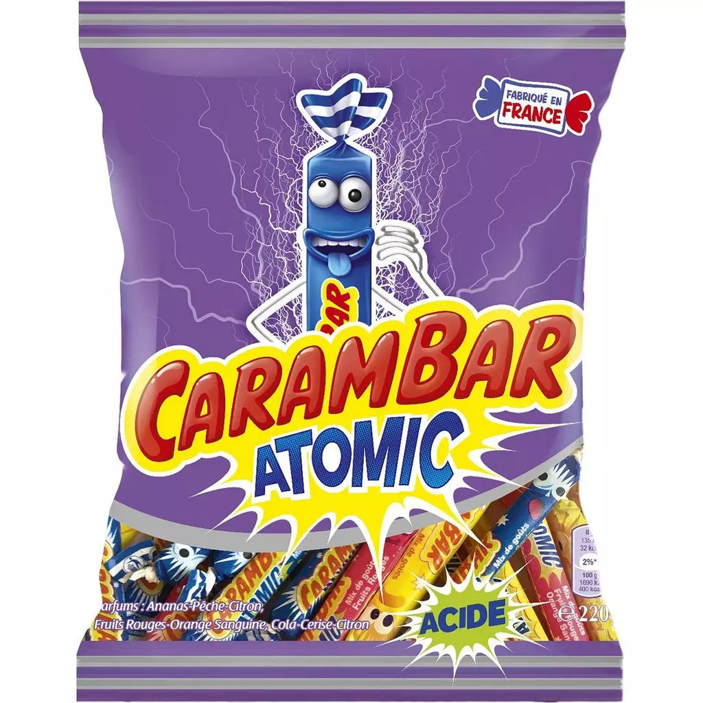 Carambar Atomic candy package with a cartoon character on a purple background