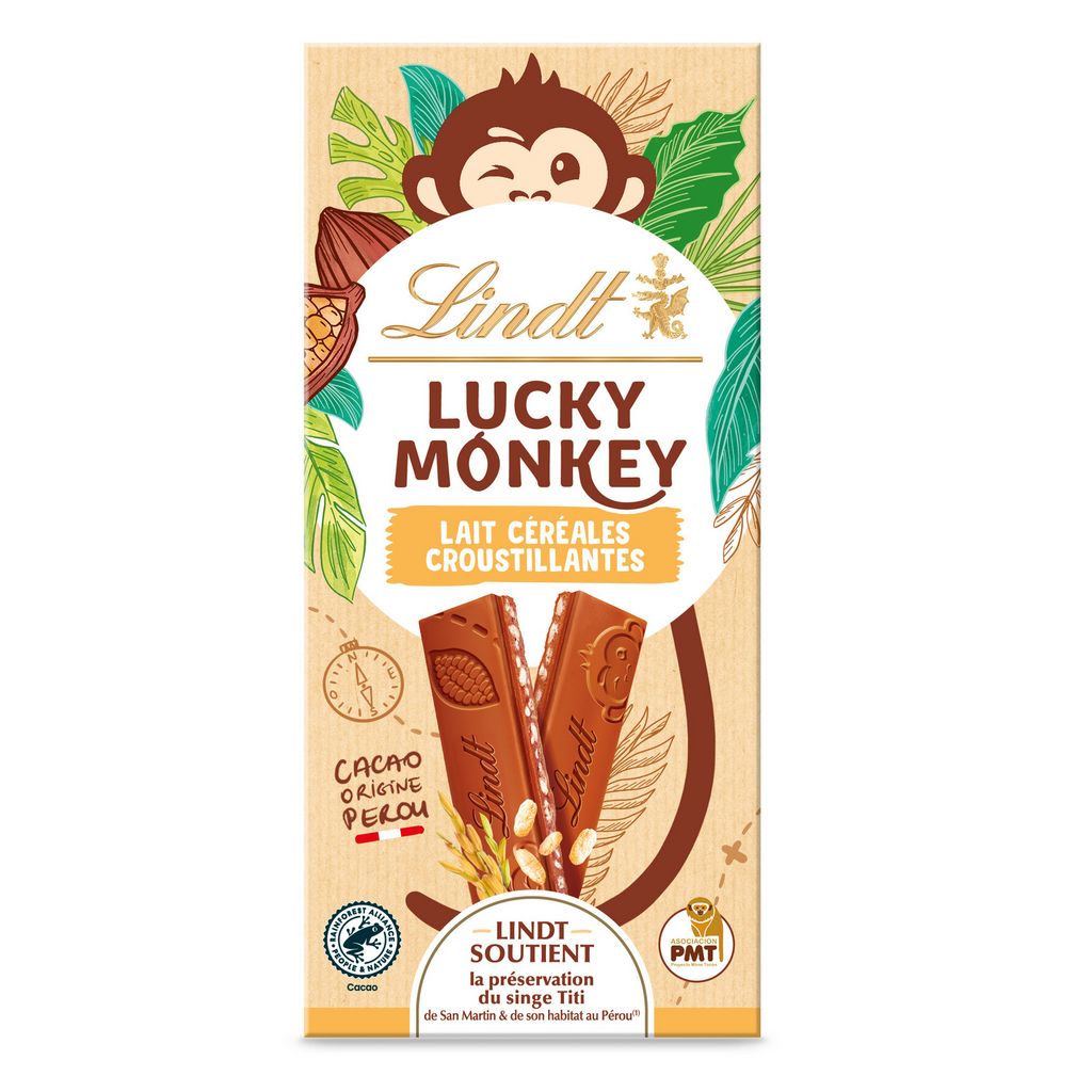 LINDT Lucky Monkey Milk Chocolate Bar with Crunchy Cereals 100g