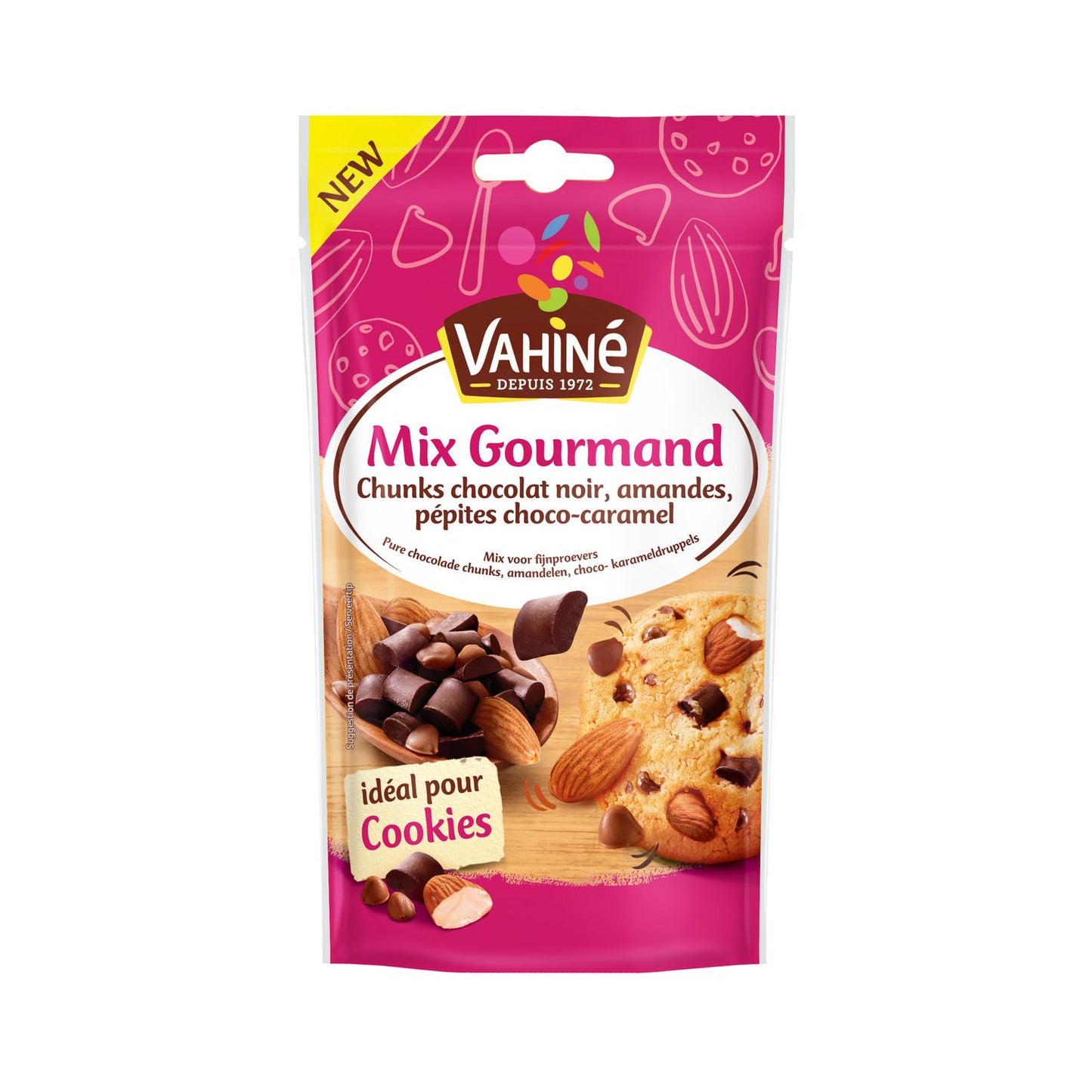 VAHINE Gourmet Mix Dark Chocolate Chunks, Almonds & Choco-Caramel Chips 100g – Crunchy Baking Mix