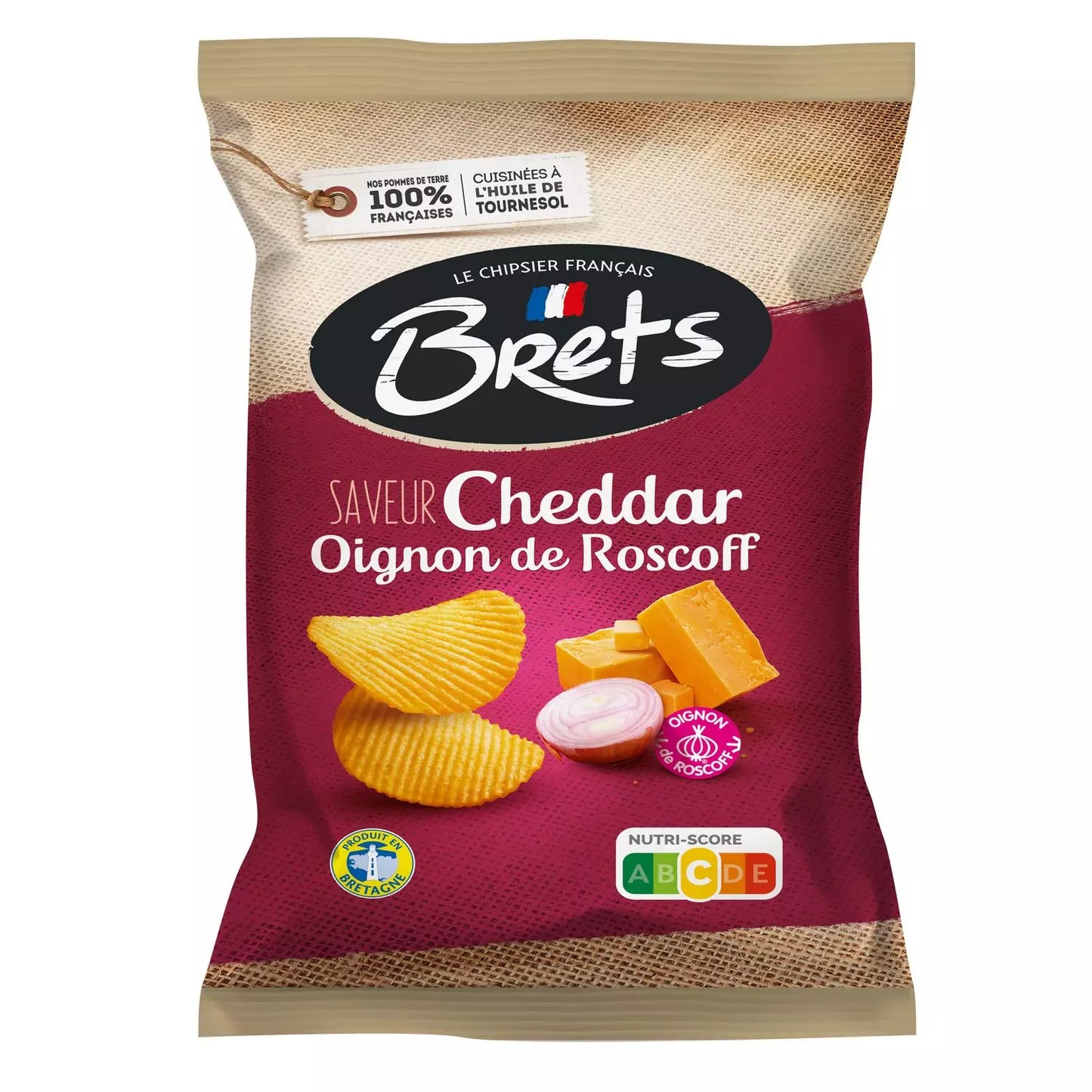 A package of BRETS wavy chips with Cheddar and Roscoff Onion flavor.