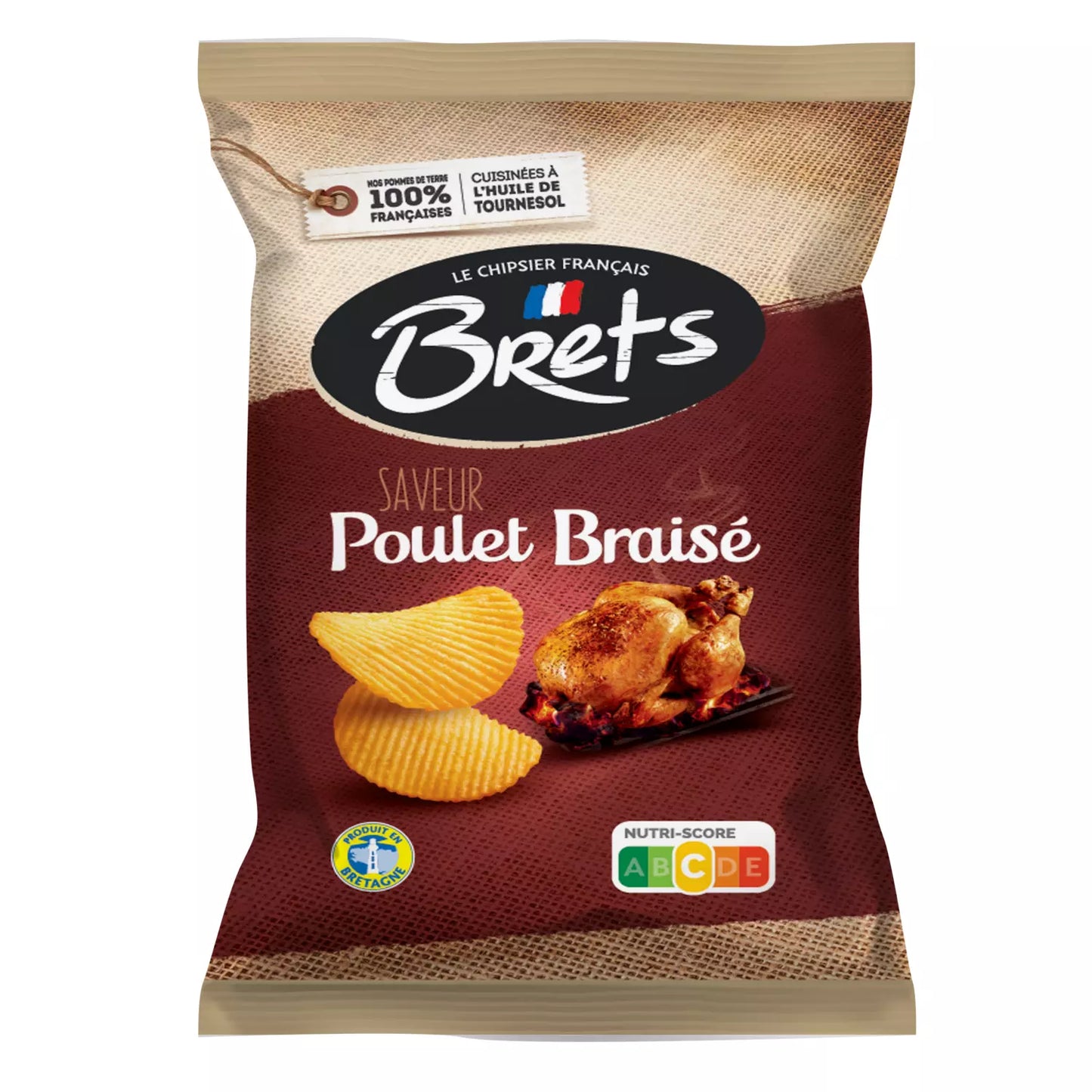 Packaging for BRETS Wavy Chips Grilled Chicken 125g, with an image of the chips and grilled chicken on the front.