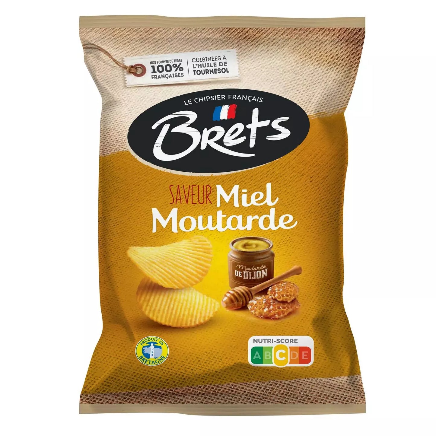 A package of BRETS Wavy Chips with Honey Mustard flavor. The packaging is predominantly yellow and brown, with images of the chips and mustard.