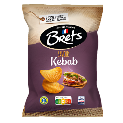 Purple packaging of Brets Kebab-flavored chips with a jute bag on a white background