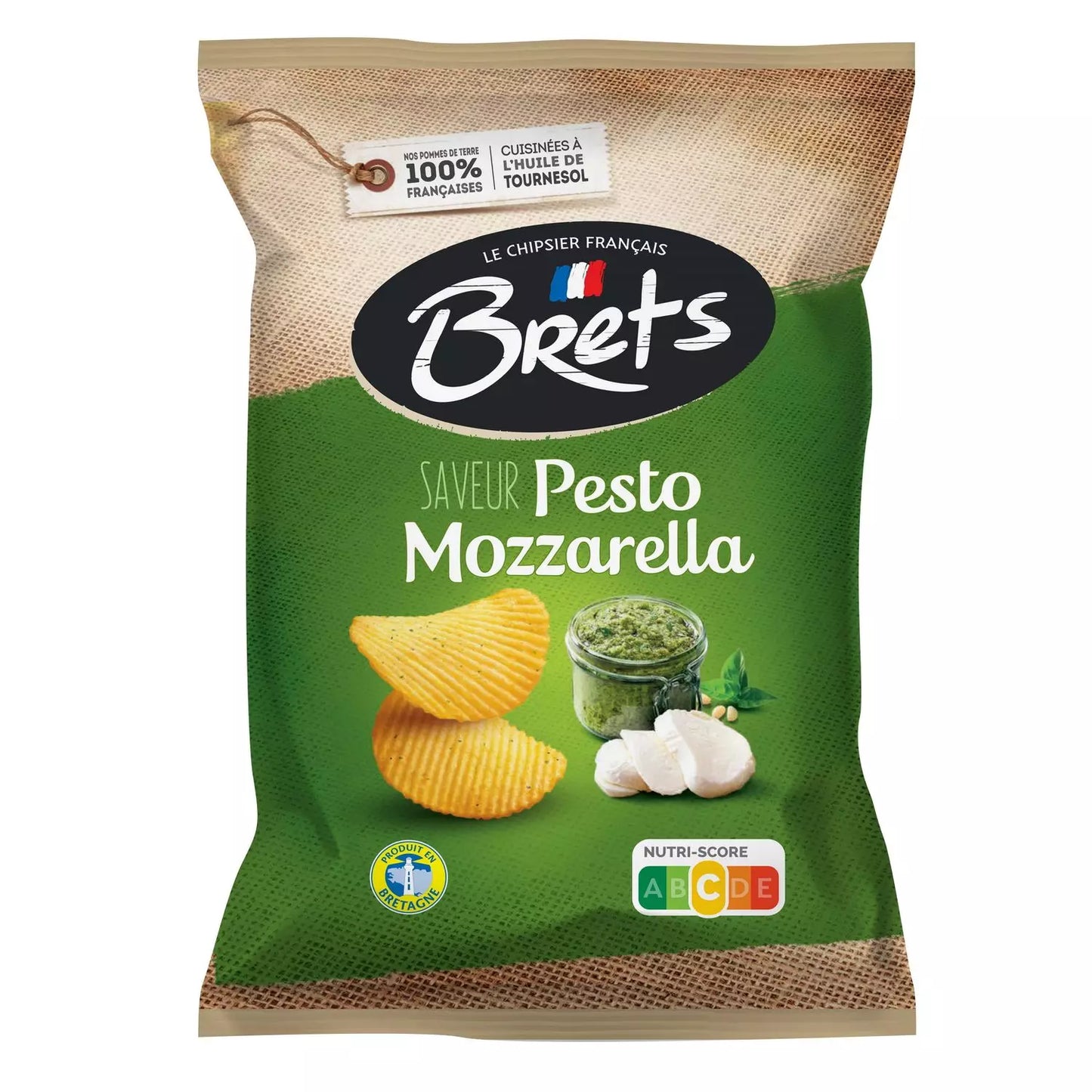 A package of BRETS Wavy Chips Pesto Mozzarella 125g, displaying the chips and mozzarella with a pesto sauce in the background.
