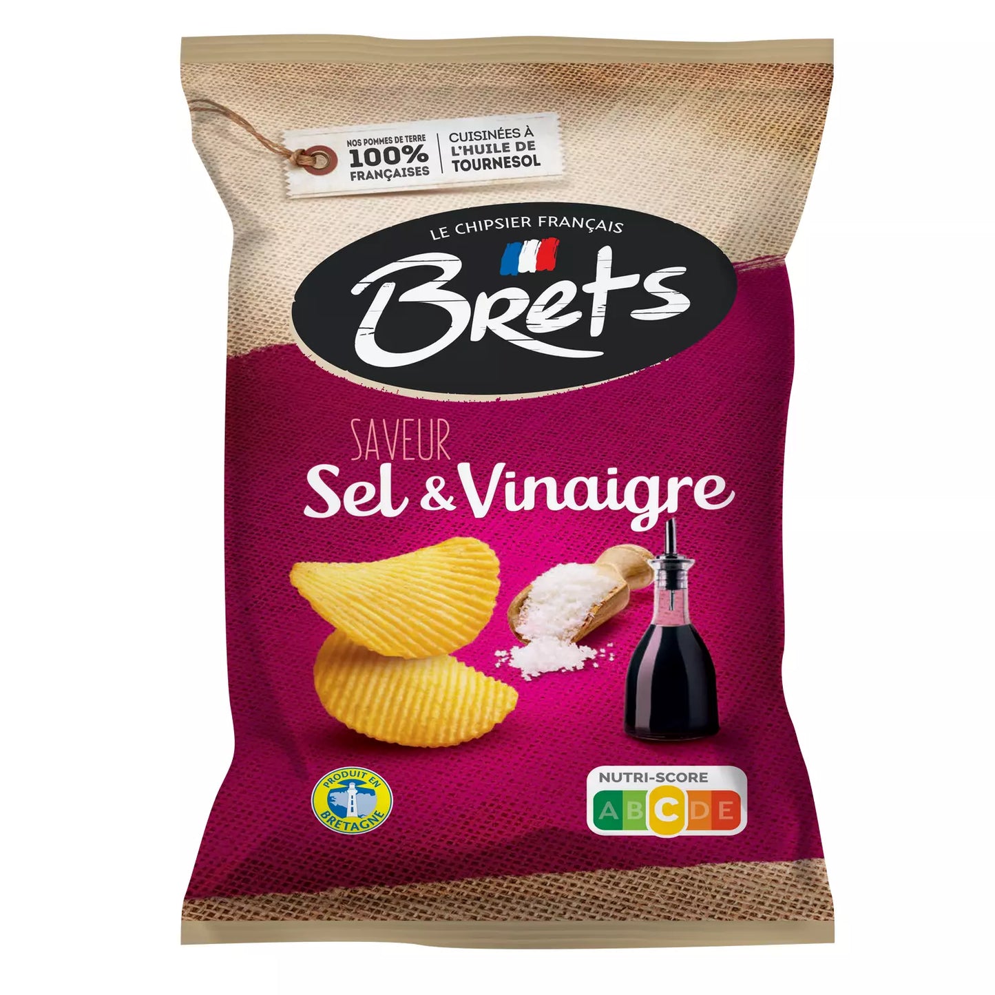 Packaging for BRETS Wavy Chips Salt and Vinegar 125g, displaying the product name, an image of the chips, and the flavor text with a French flag motif.