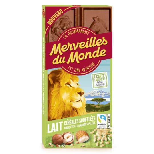 MERVEILLES DU MONDE Tablette de Chocolat Lait Céréales Soufflées Noisettes et Amandes 100g