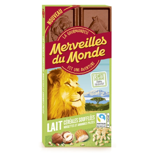 MERVEILLES DU MONDE Tablette de Chocolat Lait Céréales Soufflées Noisettes et Amandes 100g