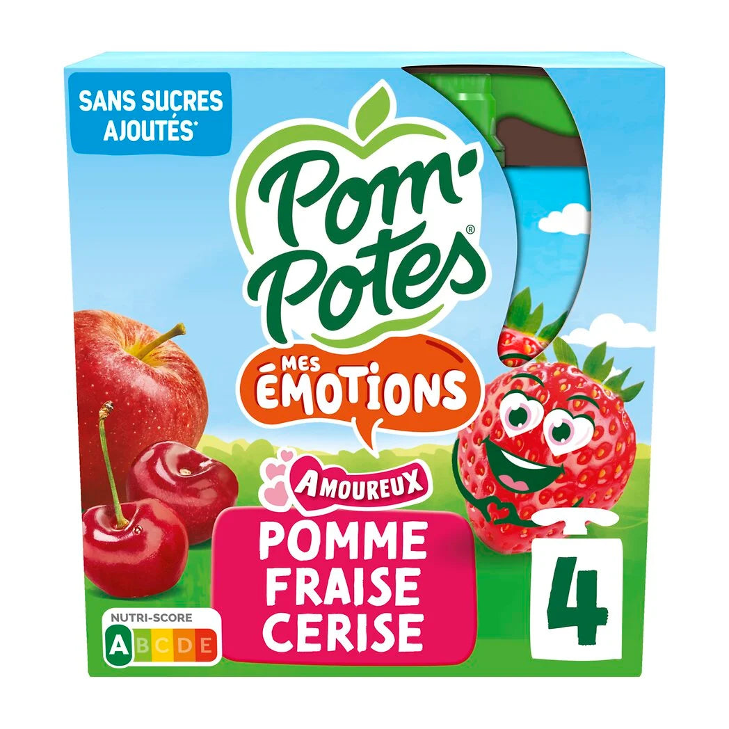 POM'POTES Compotes gourdes Mes émotions Amoureux - pomme Fraise Cerise 4x90g