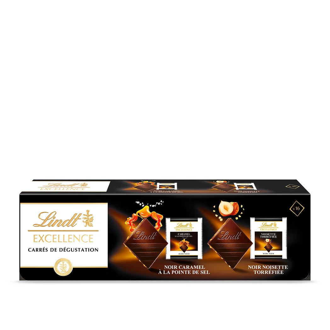 LINDT Excellence - Assortiment de carrés dégustation de chocolat noir caramel et noisette x16