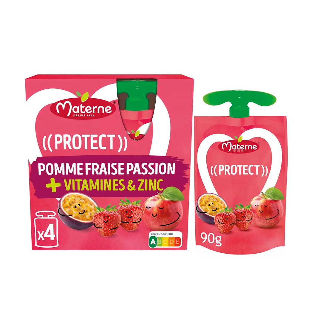 MATERNE Compotes Protect pomme fraise passion + vitamines et zinc 4x90g