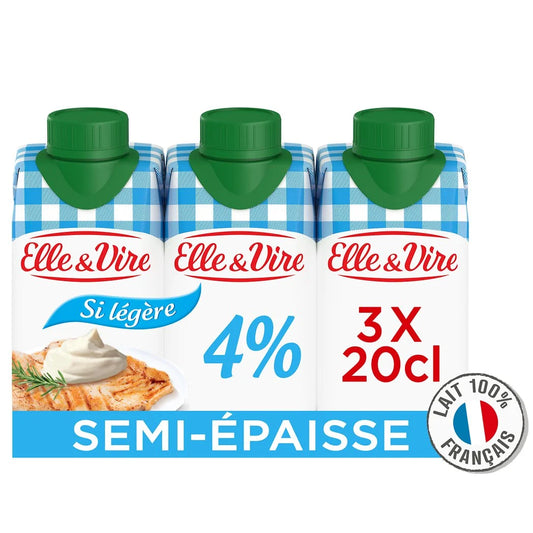 ELLE & VIRE Crème UHT extra légère semi-épaisse 4% MG 3x200ml