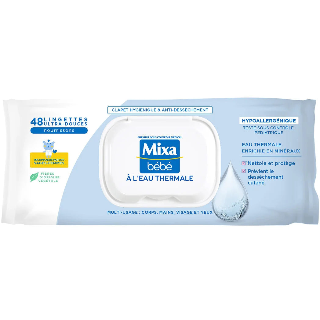 MIXA Bébé - Lingettes ultra-douce hypoallergénique multi-usage à l'eau thermale x48