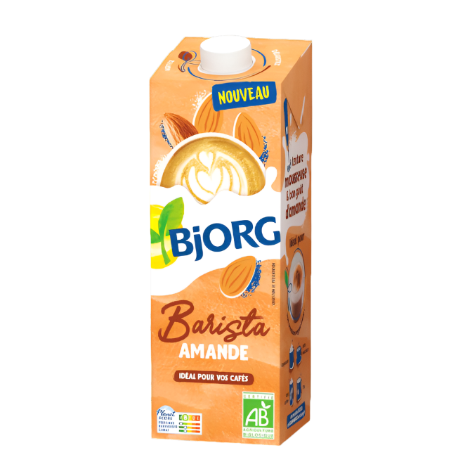 Box of Bjorg Barista Amande on a green background