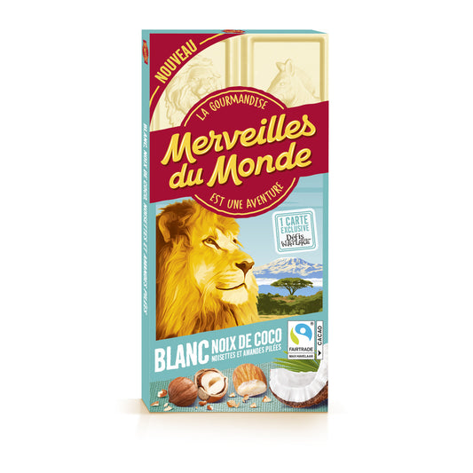 MERVEILLES DU MONDE Tablette de chocolat blanc noix de coco noisettes et amandes 100g