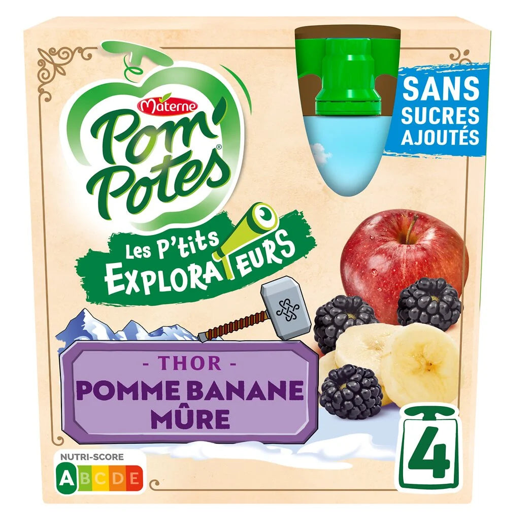 POM'POTES Compotes Les P'tits Explorateurs Thor pomme banane mûre 4x90g