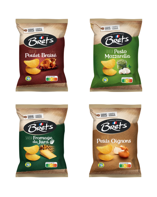 BRETS Pack 4x Chips 125g (Poulet Braisé, Pesto Mozzarella, Fromage du Jura, Petits Oignons)