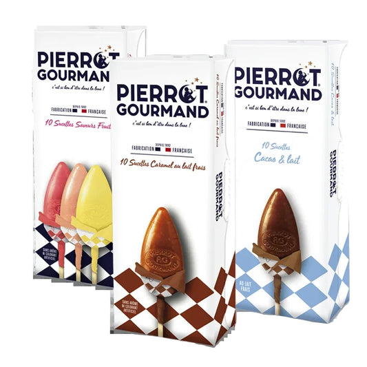 PIERROT GOURMAND Lot de 3 étuis de sucettes ; caramel au lait frais, saveurs fruits et cacao lait