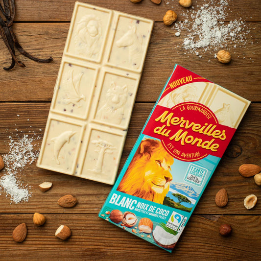 MERVEILLES DU MONDE White Chocolate Bar with Coconut, Hazelnuts and Almonds 100g