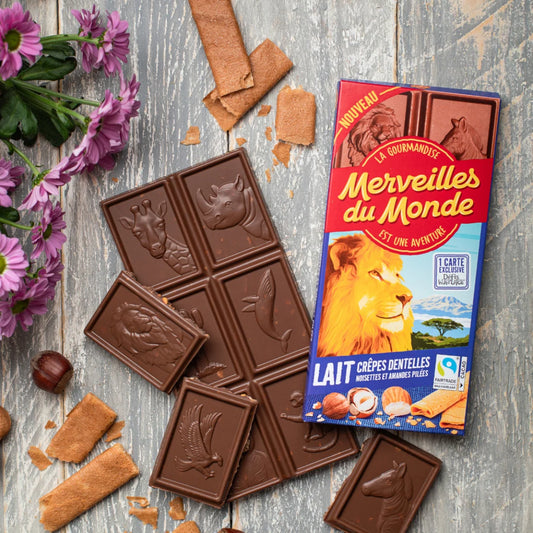 MERVEILLES DU MONDE Milk Chocolate Bar with Lace Crepes, Hazelnuts and Crushed Almonds 100g