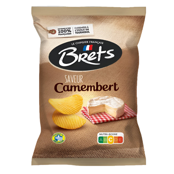 Packaging of Brets Camembert-flavored chips on a white background
