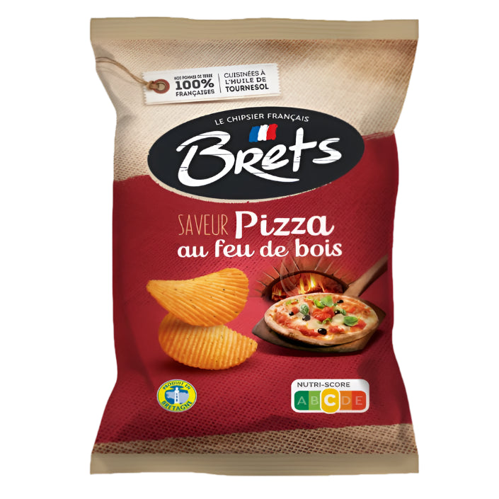 Bags of Brets pizza-flavored chips on a white background