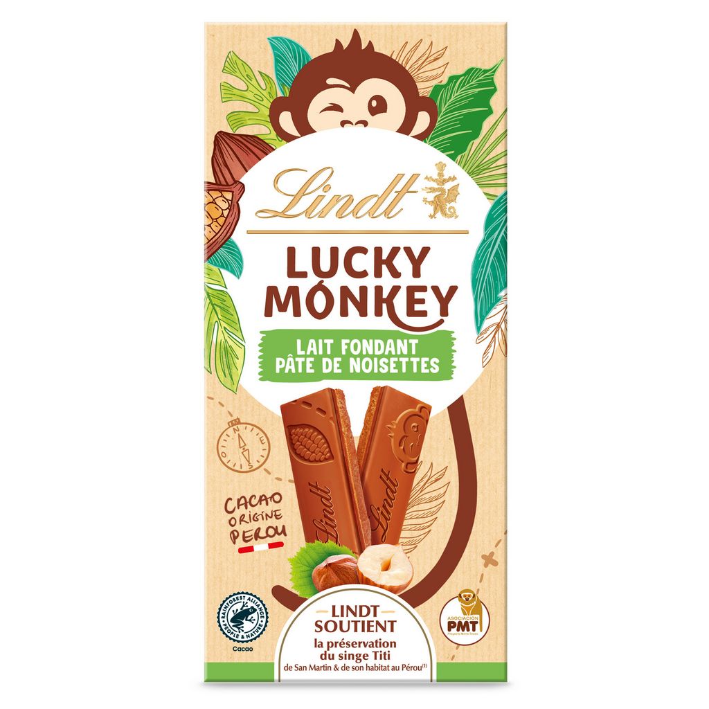 LINDT Lucky Monkey Milk Chocolate Bar with Hazelnut Paste 100g