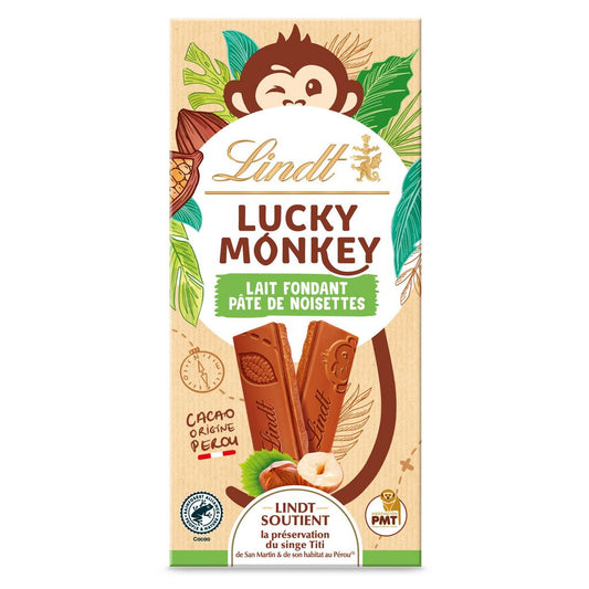 LINDT Lucky Monkey Milk Chocolate Bar with Hazelnut Paste 100g