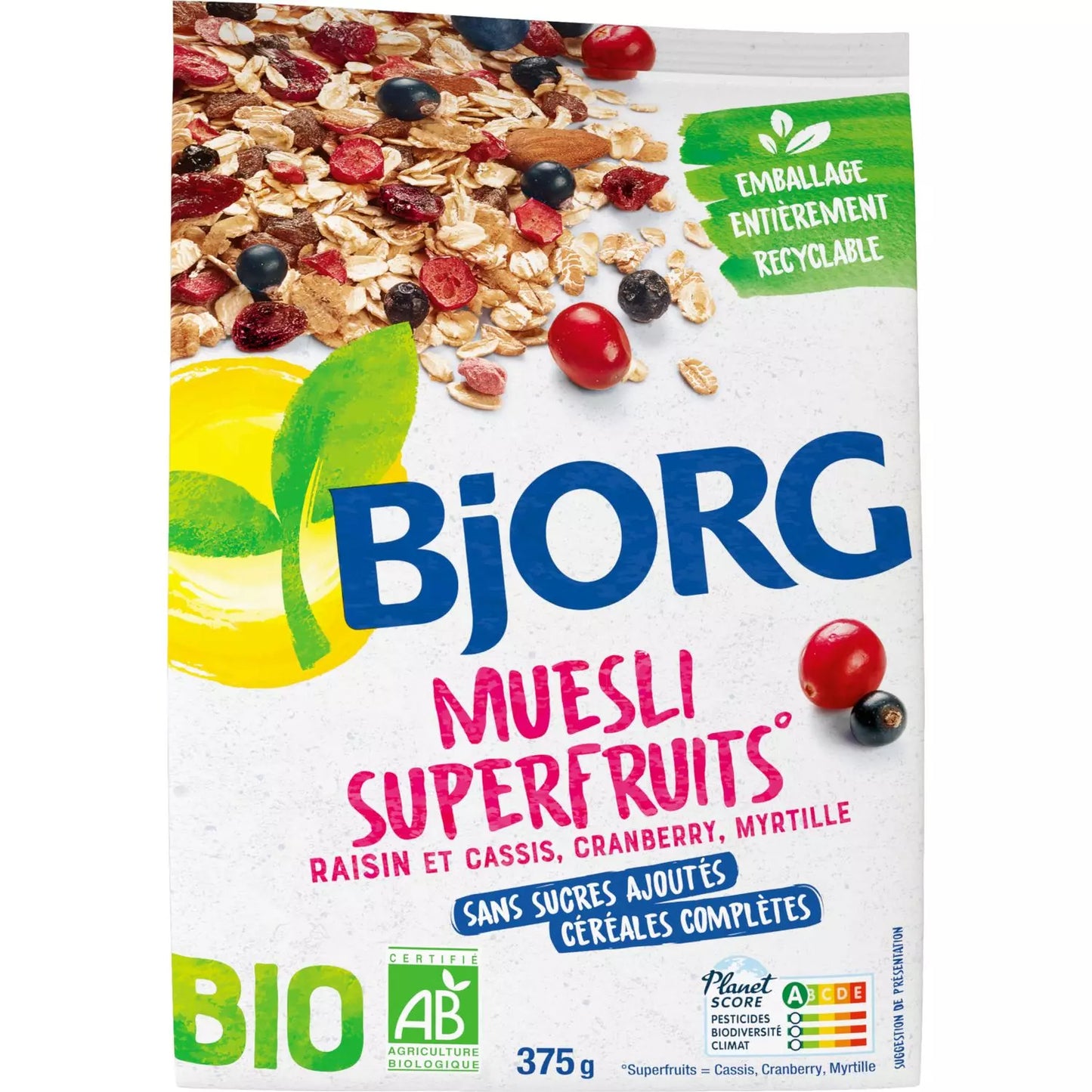 BJORG - Muesli de Céréales Bio Superfruits Sans Sucres Ajoutés 375g