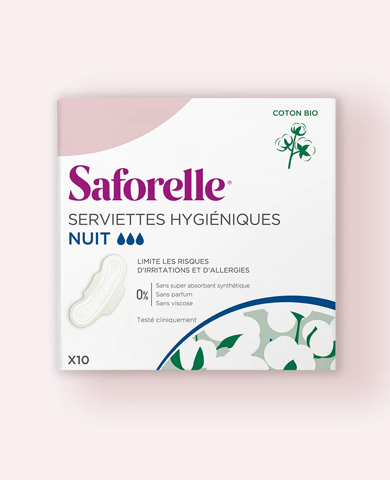 SAFORELLE Serviettes Hygiéniques Nuit Coton BIO x10
