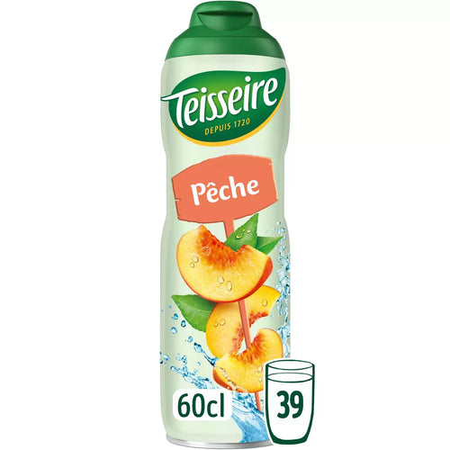 Bottle of TEISSEIRE Peach syrup with a peach slice and leaves, and a small glass marked '39'.