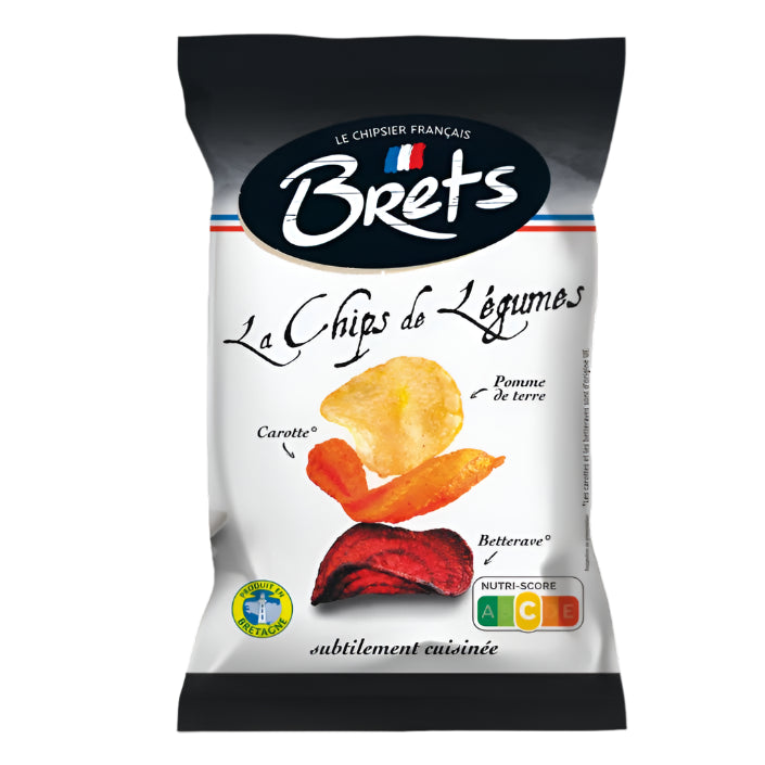 A package of BRETS brand vegetable chips, featuring images of the chips and various vegetables such as carrots and potatoes on the front.