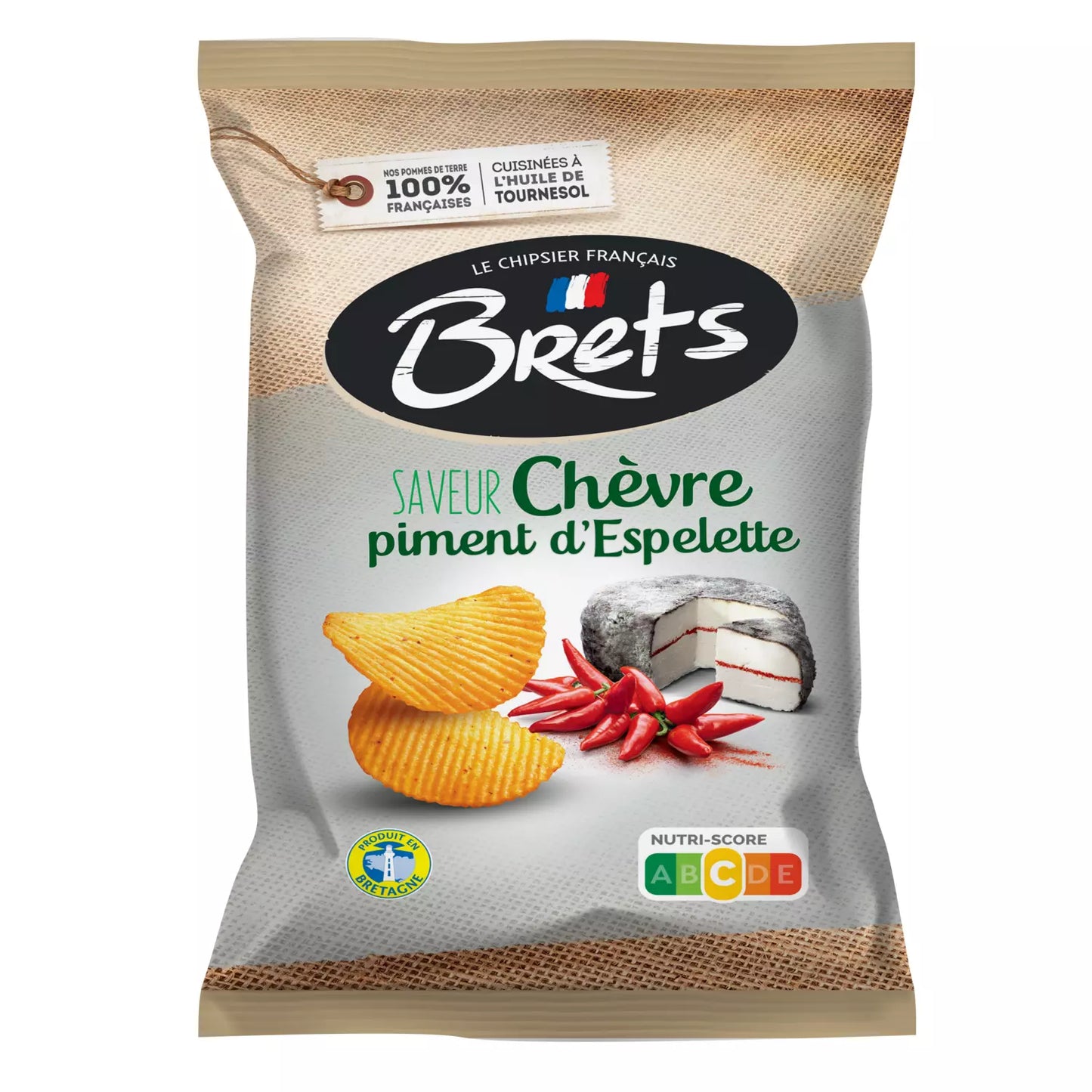 Packaging of BRETS Wavy Chips with Goat Cheese and Espelette Pepper flavor, showing the chips, cheese, and pepper.