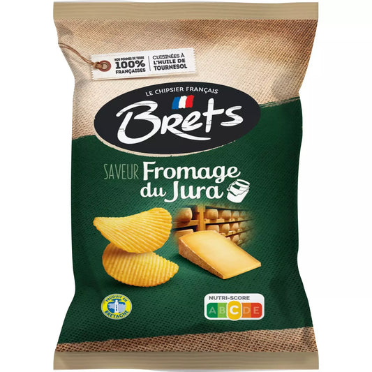A package of BRETS Wavy Chips with Jura Cheese flavor. The bag is predominantly green and brown with images of the chips and pieces of Jura cheese on the front.