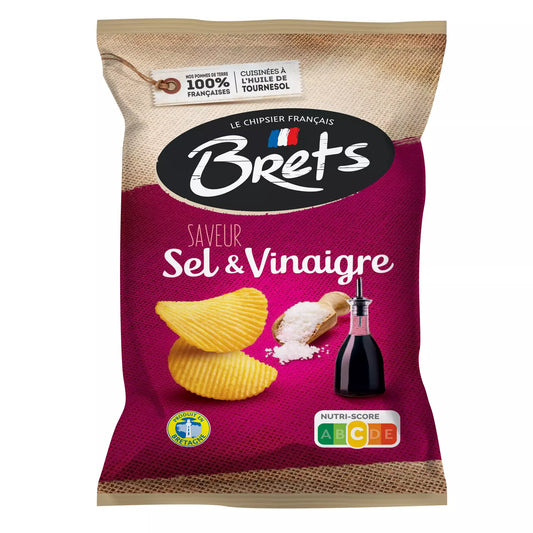 Packaging for BRETS Wavy Chips Salt and Vinegar 125g, displaying the product name, an image of the chips, and the flavor text with a French flag motif.